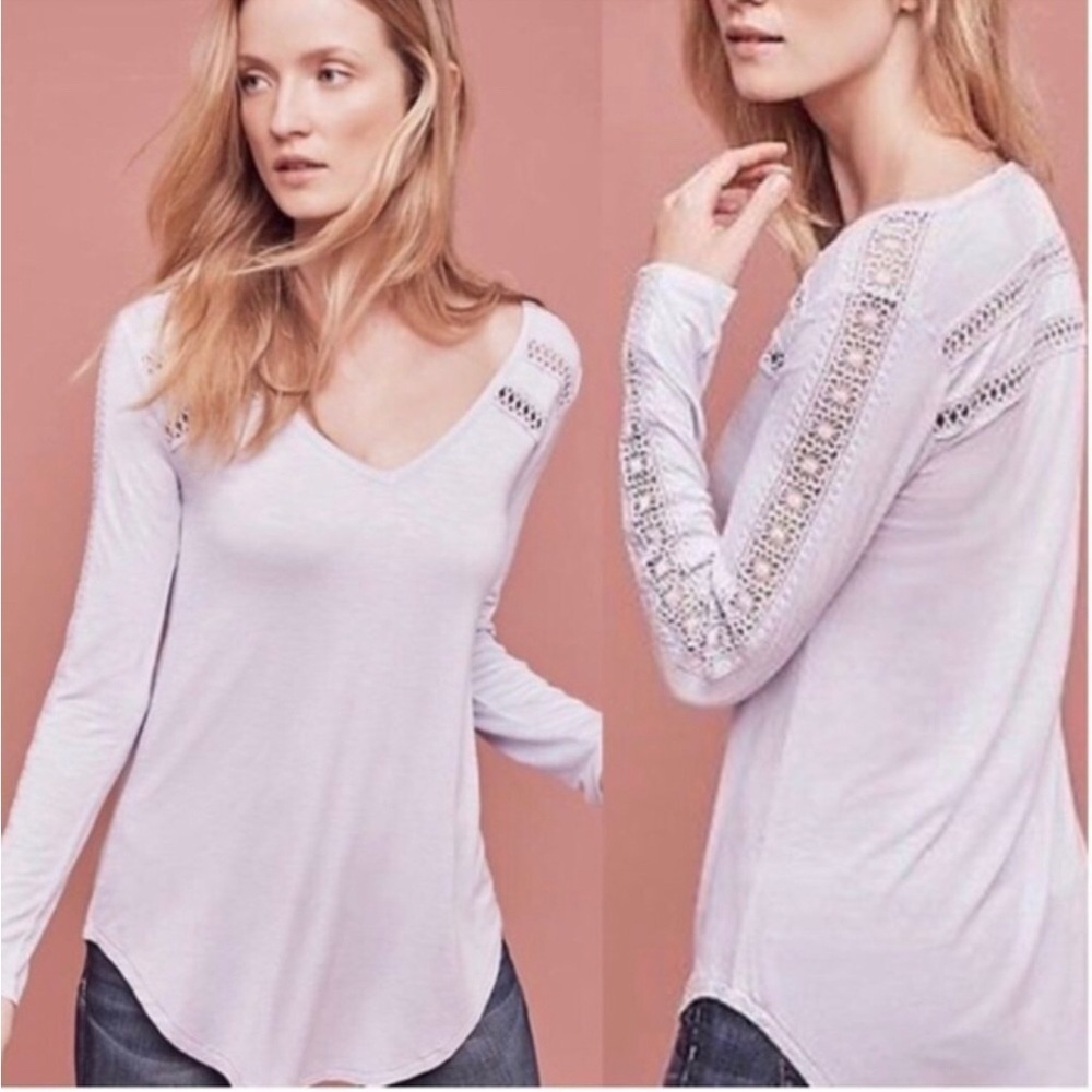 ANTHROPOLOGIE DELETTA Purple Lace Line Crochet Long Sleeve Shirt Size L - Picture 2 of 10